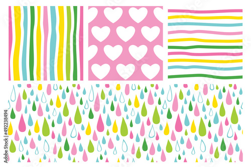 Set of seamless patterns with hearts, polka dots and stripes.