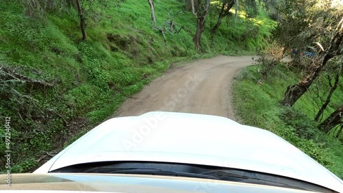 4x4 driving on dangerous dirt road in forestry area of California, POV view photo