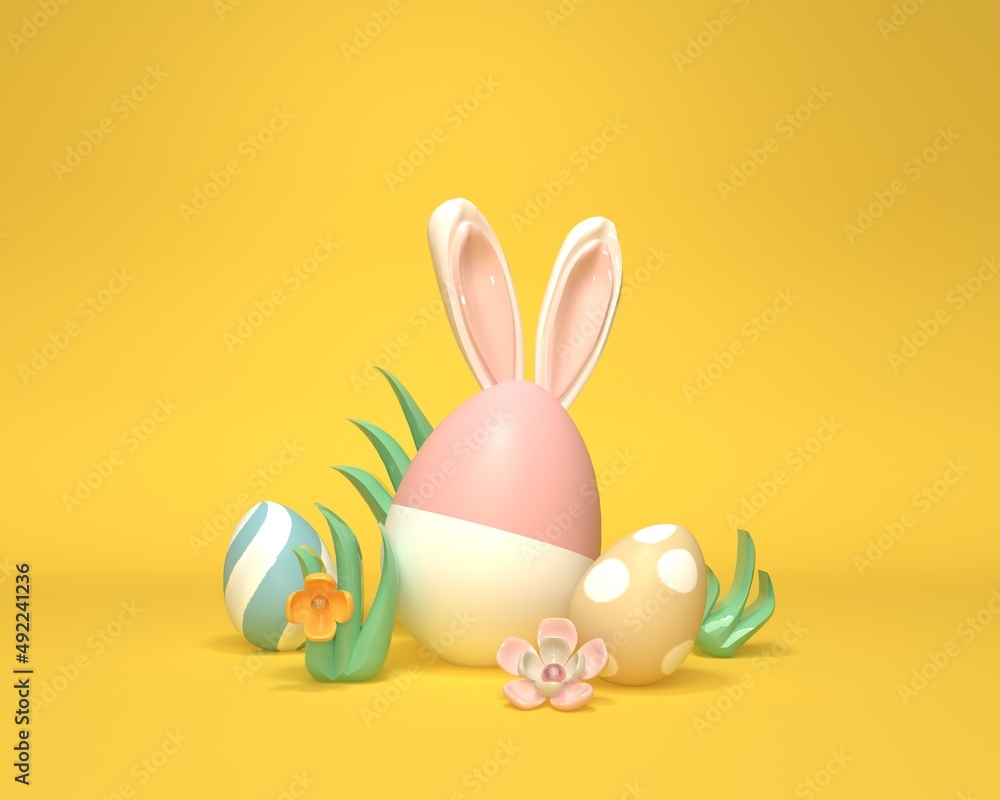 Obraz premium Colorful hand decorated Easter eggs with rabbit ears and spring holiday pastel colors