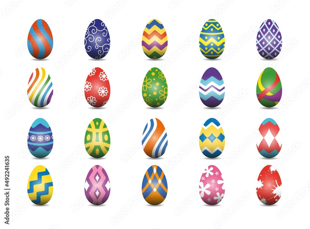 Illustration of easter eggs with various patterns and colors on a white background.