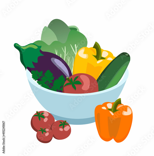 Bowl of fresh vegetables: tomatoes, cucumber, peppers, lettuce, eggplant and greenery. Isolated on white background