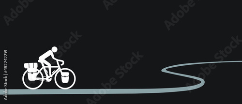 Rider cycling touring bike with bikepacking bags and tent on black background. Vector and illustration design.