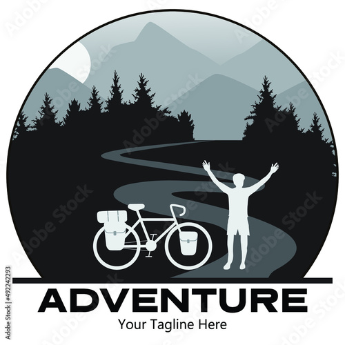 Rider raise hand with touring bike with bikepacking bags and tent on view of mountain. Vector and illustration emblem design.