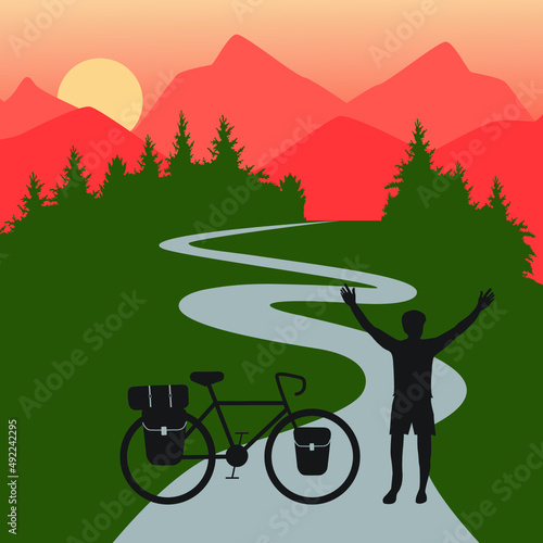 Rider raise hand with touring bike with bikepacking bags and tent on view of mountain. Vector and illustration design.