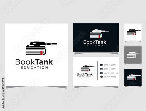 Book tank logo vector design education illustration with business card