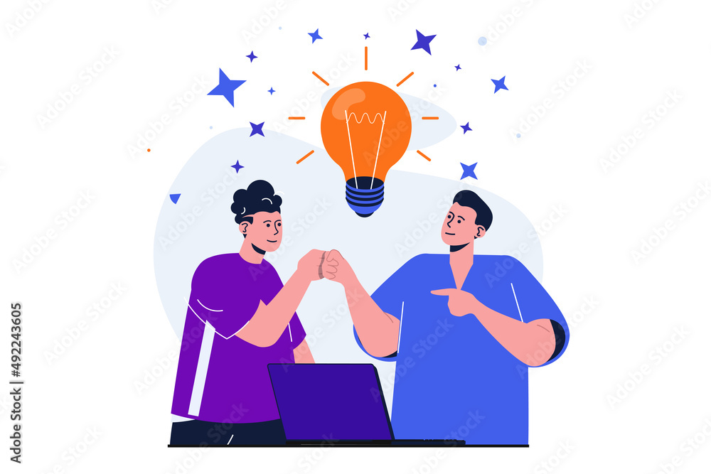 Business startup modern flat concept for web banner design. Businessmen collaborating and brainstorming, developing creative idea and working together. Illustration with isolated people scene - obrazy, fototapety, plakaty 