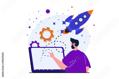 Business startup modern flat concept for web banner design. Male entrepreneur launches new project like flying spaceship, develops and achieves success. Illustration with isolated people scene photo