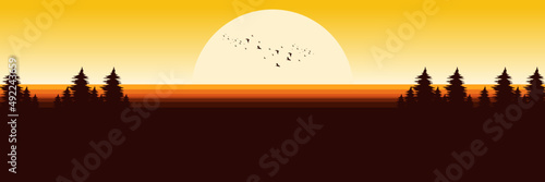 sunset landscape with tree silhouette flat design vector illustration good for wallpaper, background, backdrop, banner, tourism, and design template 