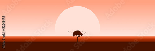 sunset landscape with tree silhouette flat design vector illustration good for wallpaper, background, backdrop, banner, tourism, and design template 