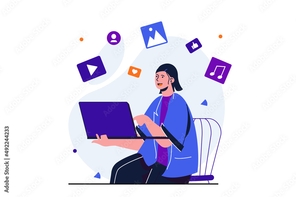 Content manager modern flat concept for web banner design. Woman works on laptop, publishes according to plan video, audio and images in social networks. Illustration with isolated people scene Content manager modern flat concept for web banner design. Woman works on laptop, publishes according to plan video, audio and images in social networks. Illustration with isolated people scene