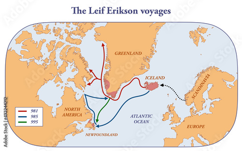 Map with the voyages of Leif Erikson photo