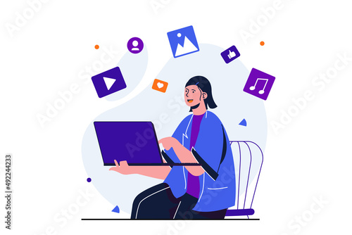 Content manager modern flat concept for web banner design. Woman works on laptop, publishes according to plan video, audio and images in social networks. Illustration with isolated people scene