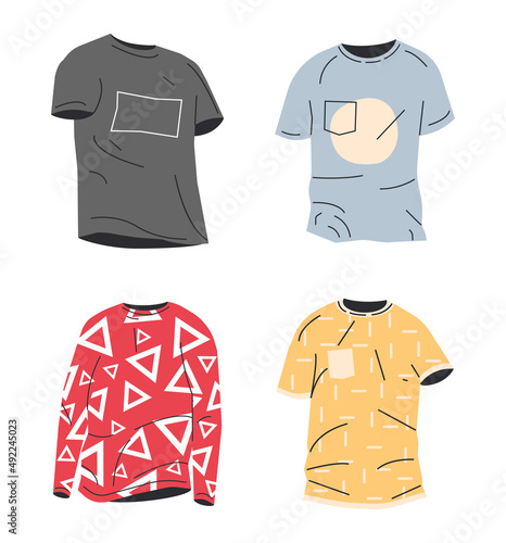 Man and Woman T-Shirt Collection Isolated. Shirt, T-Shirt and Longsleeve. Plain and with Prints. Trendy Casual Unisex Streetwear Clothes. Cartoon Flat Vector Illustration