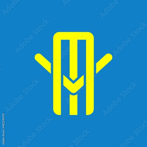 VM, MV, monogram logo overlapping, golden yellow color on a red background