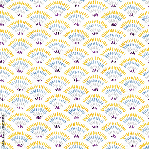 Cute seamless wavy pattern. Vintage print for textiles, packaging, wallpaper. Grunge texture. Seigaiha ornament in polka dot style. Vector illustration.