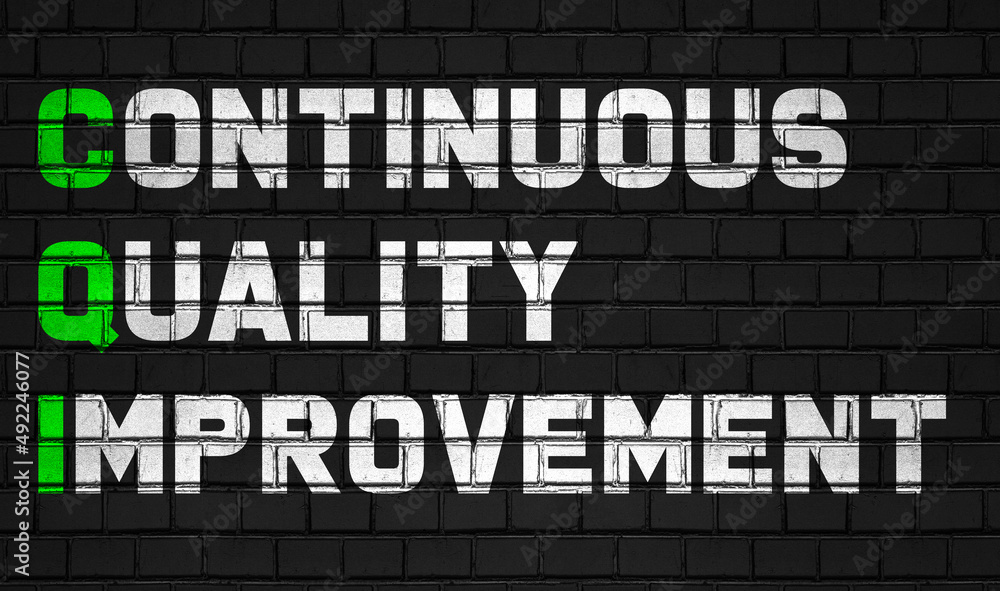 continuous quality improvement(CQI) concept,healthcare abbreviations on black wall
