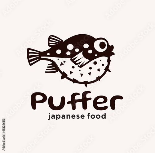 Puffer Fish Logo Japanese Food. Fugu Sushi Logo Template. Blowfish logo mascot concept for fresh seafood icon