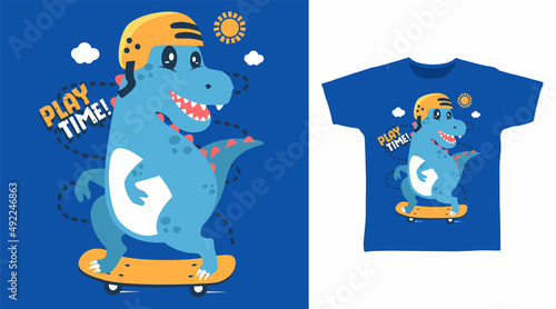 Dinosaur play  skateboard cartoon tshirt concept design