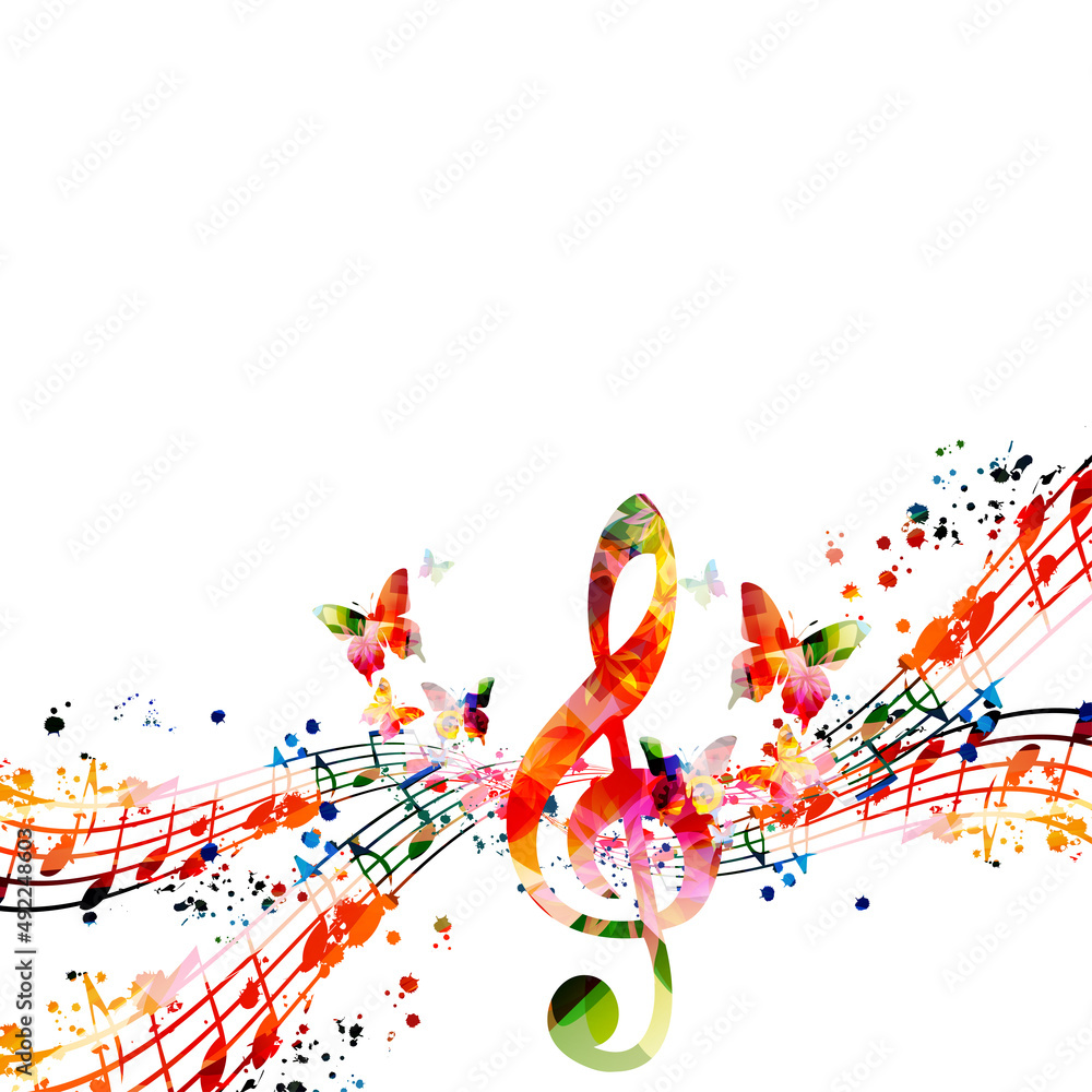 Naklejka premium Colorful musical promotional poster with musical notes, staff and G-clef isolated vector illustration. Artistic and playful background for live concert events, music festivals and shows, party flyer 
