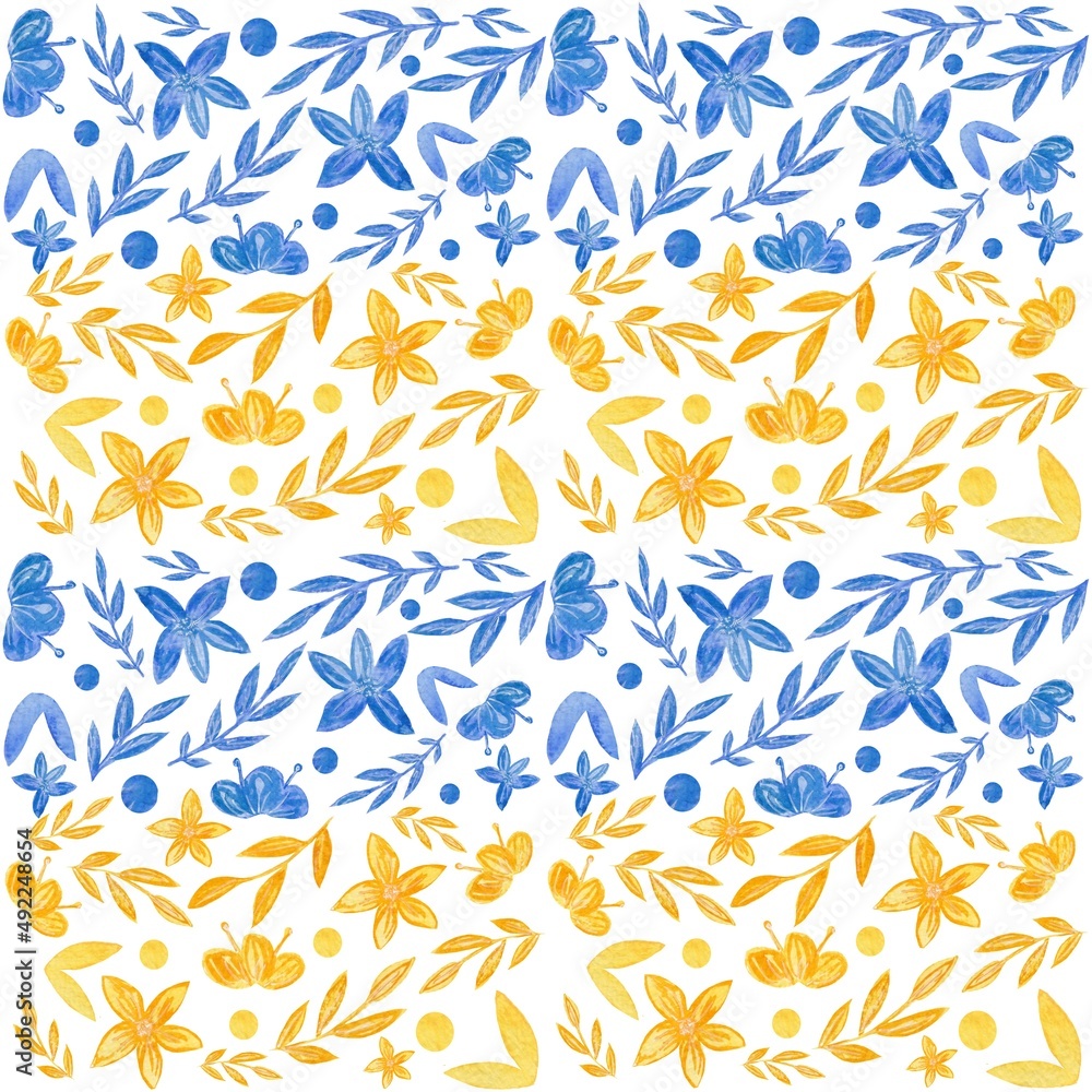 Bright watercolor seamless pattern with botanical elements. Colorful pattern for various products in support of Ukraine.
