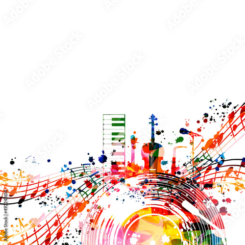  Colorful musical poster with musical instruments, notes and LP record  disc isolated vector illustration. Artistic, playful background for live concert events, music festivals and shows, party flyer	