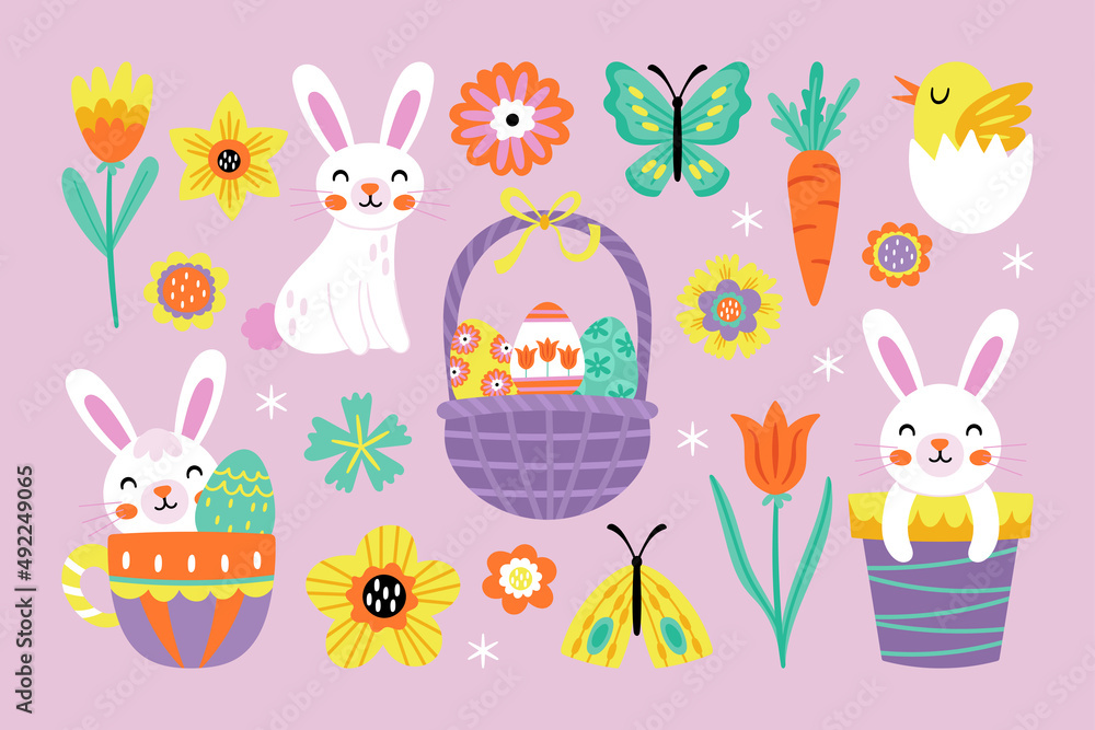 Easter holiday cute element set. Childish print for cards, stickers, banner and decoration Easter holiday cute element set. Childish print for cards, stickers, banner and decoration