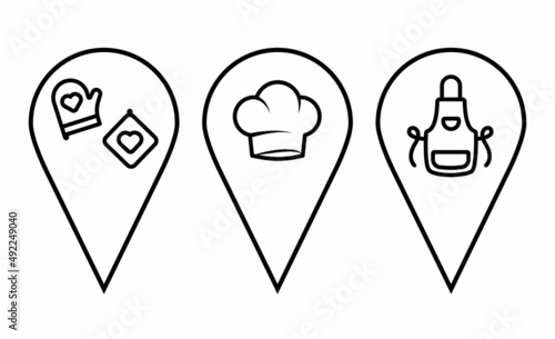 Maps and pin icons set. Location sign and symbol. Geo locate, pointer icon. Location pin indicating cafe, canteen, kitchen, menu, chef. Chef's hat, apron and potholders icon. Thin vector