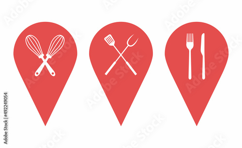 Restaurant, cafe, canteen, catering, kitchen concept vector icon set. Flat design chef pointers. Set of map pin icons. Location pin sign. Knife, fork, whisk, spatula, pitchfork kitchen concept vector 