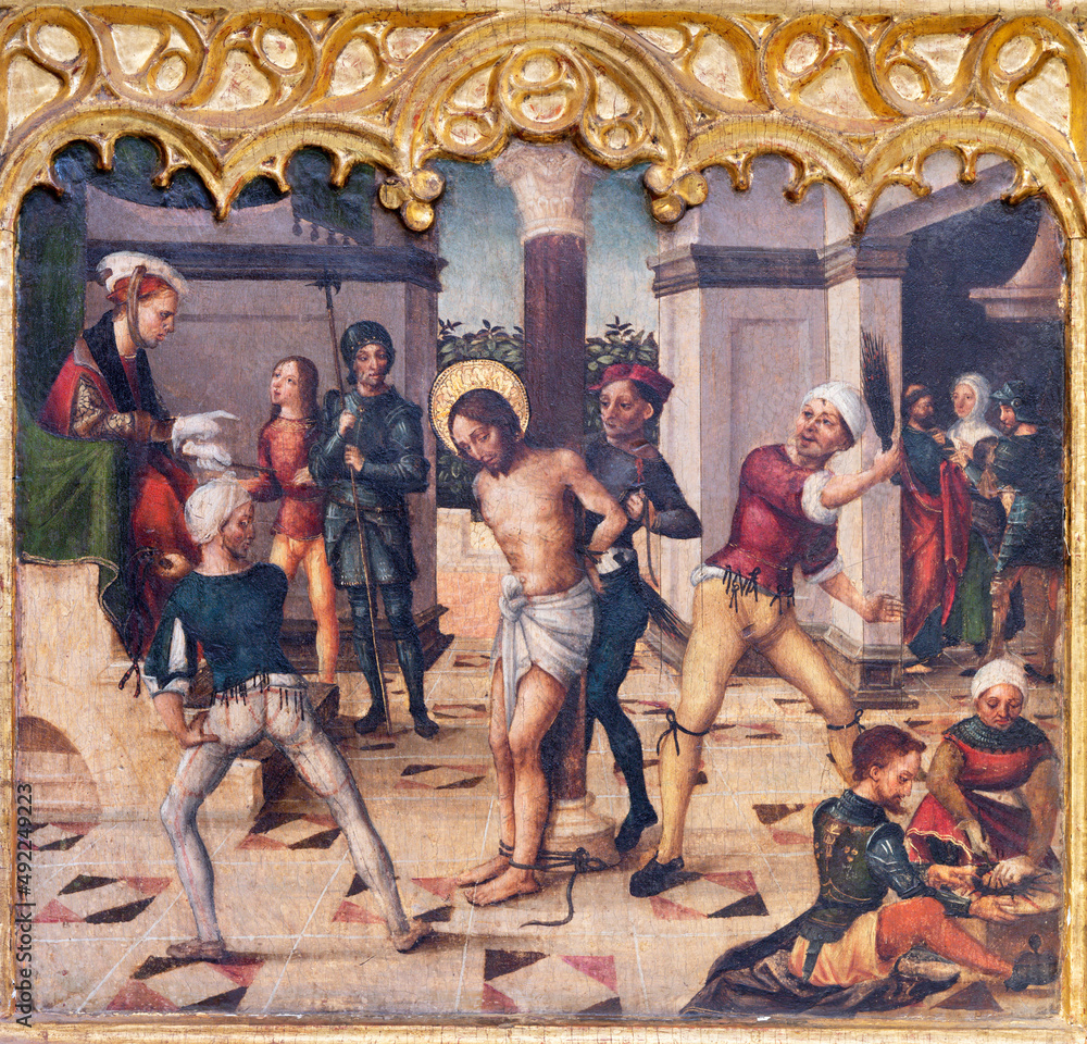 VALENCIA, SPAIN - FEBRUAR 14, 2022: The painting  of Flagellation on the side altar in the Cathedral - Basilica of the Assumption of Our Lady by Vicente Macip from end of 15. cent.