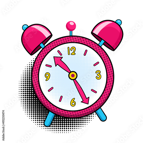 Comic alarm clock. Pop art colorful and dynamic cartoonish icon in retro style. Vector bright cartoon object with halftone dots shadow