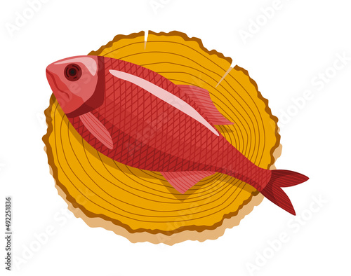 Fish on wooden board. Kitchen cutting board with healthy meal meat. Foodstuff in cartoon style. Concept organic wild river or ocean food