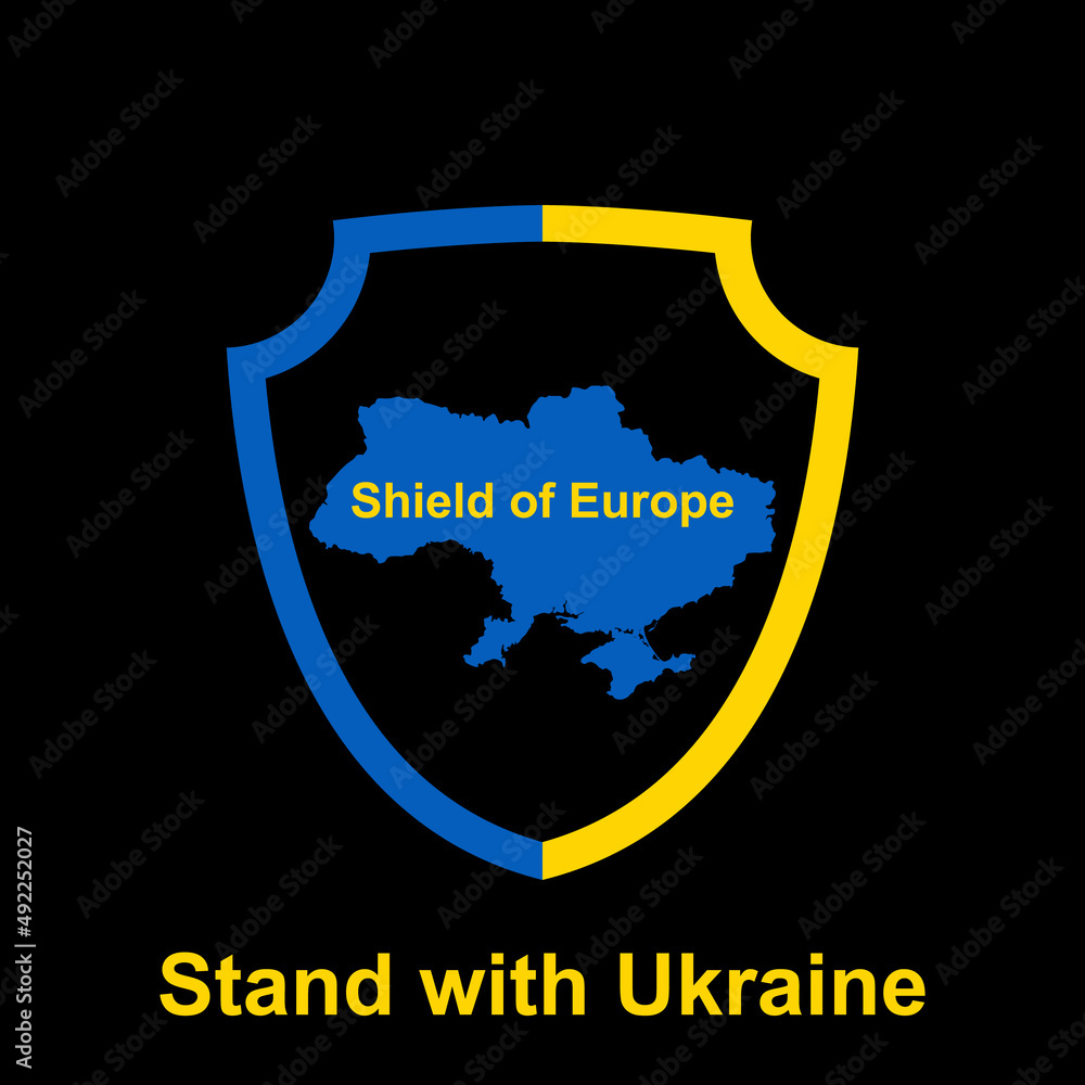 Map of Ukraine on the shield in national colors isolated on black background vector illustration. Shield of Europe concept. Map of Ukraine on the shield in national colors isolated on black background vector illustration. Shield of Europe concept.