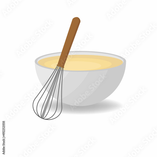 Ceramic bowl with a vector of freshly prepared dough and whisk