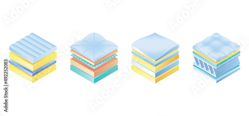 Layered orthopedic mattress icon set. Isometric bed section layers. Fabric breathable material, structure for correct sleeping position. Soft filler, comfort synthetic fiber