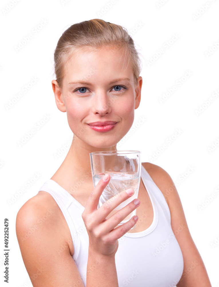 The healthy hydration option. Portrait of a beautiful young woman with a glass of water isolated on white. The healthy hydration option. Portrait of a beautiful young woman with a glass of water isolated on white.