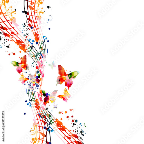  Colorful musical promotional poster with musical notes, staff and G-clef isolated vector illustration. Artistic and playful background for live concert events, music festivals and shows, party flyer	