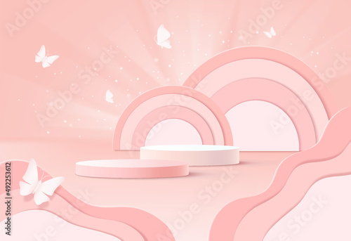 Stand and display pastel color. 3D rendering. A scene for advertising, Minimalist mockup for podium display or showcase.