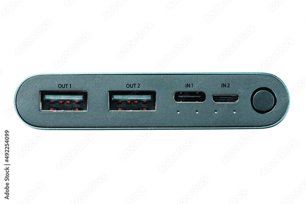 Green Power Bank with USB connectors on a white background Green Power Bank with USB connectors on a white background