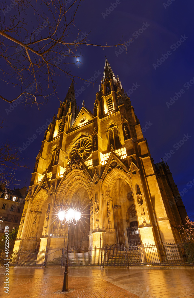 the Catholic Basilica of Saint Clotilde at night , Paris, France.