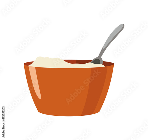 Loose ingredients in a ceramic bowl are mixed with a spoon. Ingredient and cookware for making dough, cookie or croissant. Flat cartoon vector isolated icon