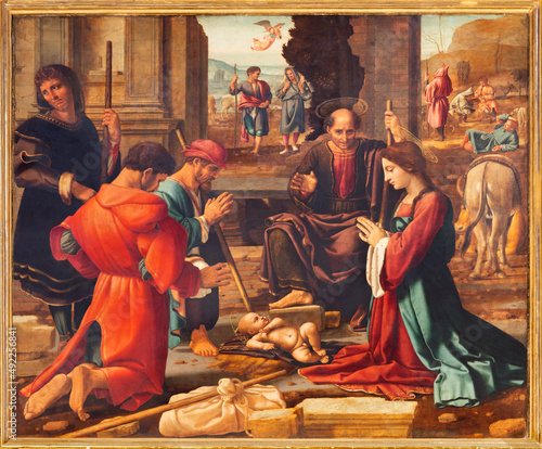 Fotografie VALENCIA, SPAIN - FEBRUAR 14, 2022: The painting of Adoration of sheepherds on the main altar  in the Cathedral  by Fernando Yanez de la Almedina and  Hernando de los Llanos (1506 - 1510)