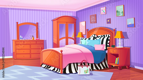 Parents' bedroom with wooden furniture in vector. Bed with zebra-style linens, wardrobe, chest of drawers and paintings on the purple wall. Bright, cozy and beautiful interior.  