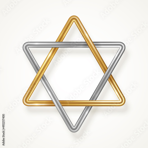 Star of David concept poster, typography template. 3d gold silver icon, Jewish symbol. Vector illustration isolated on white. Place for text. Israel anniversary holiday, Independence Day