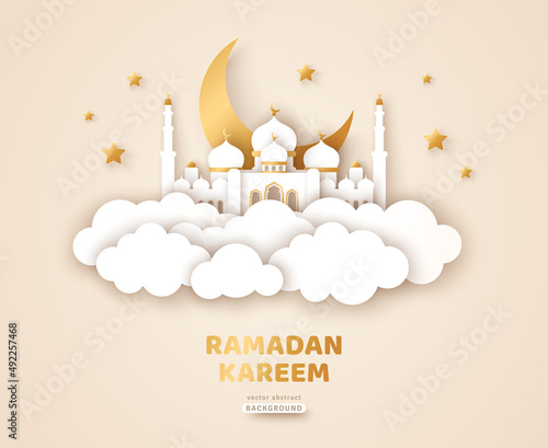 Ramadan Kareem Banner with Gold Moon, Clouds and 3d Paper cut Sheikh Zayed Grand Mosque icon. Vector illustration. Place for Text. Eid Mubarak greeting card