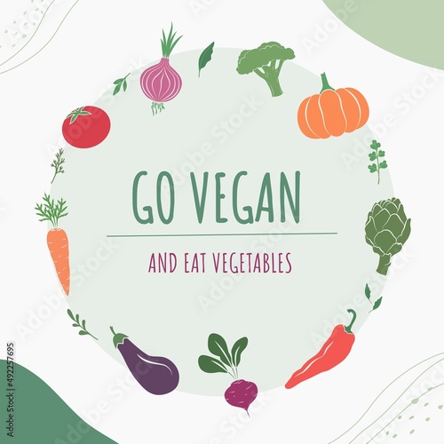 Vegetable and herbs icons, Go vegan slogan. Concept of healthy food, natural vegan products shops, and organic market.