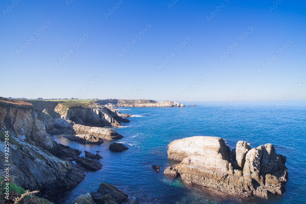 Coastal landscape with rocks and sea. Copy space.