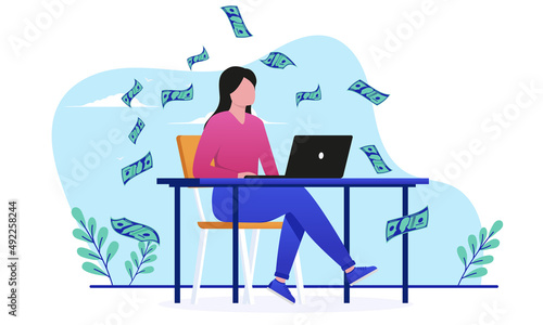 Woman with internet income - Female person with computer making money online. Flat design vector illustration with white background