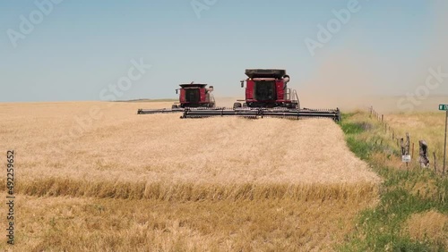 Combine harvesters cutting wheat in slow motion