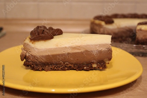 three chocolate cheesecake, dessert, breakfast, delicious cheesecake, coffee dessert