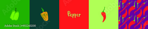 Vector hot pepper banner. Hand-drawn pattern. Peppers illustration. Pepper drawings. Red chilli background. Organic homemade vegetables. Vegan food wallpaper. Spices backdrop. Vegetarian restaurant.